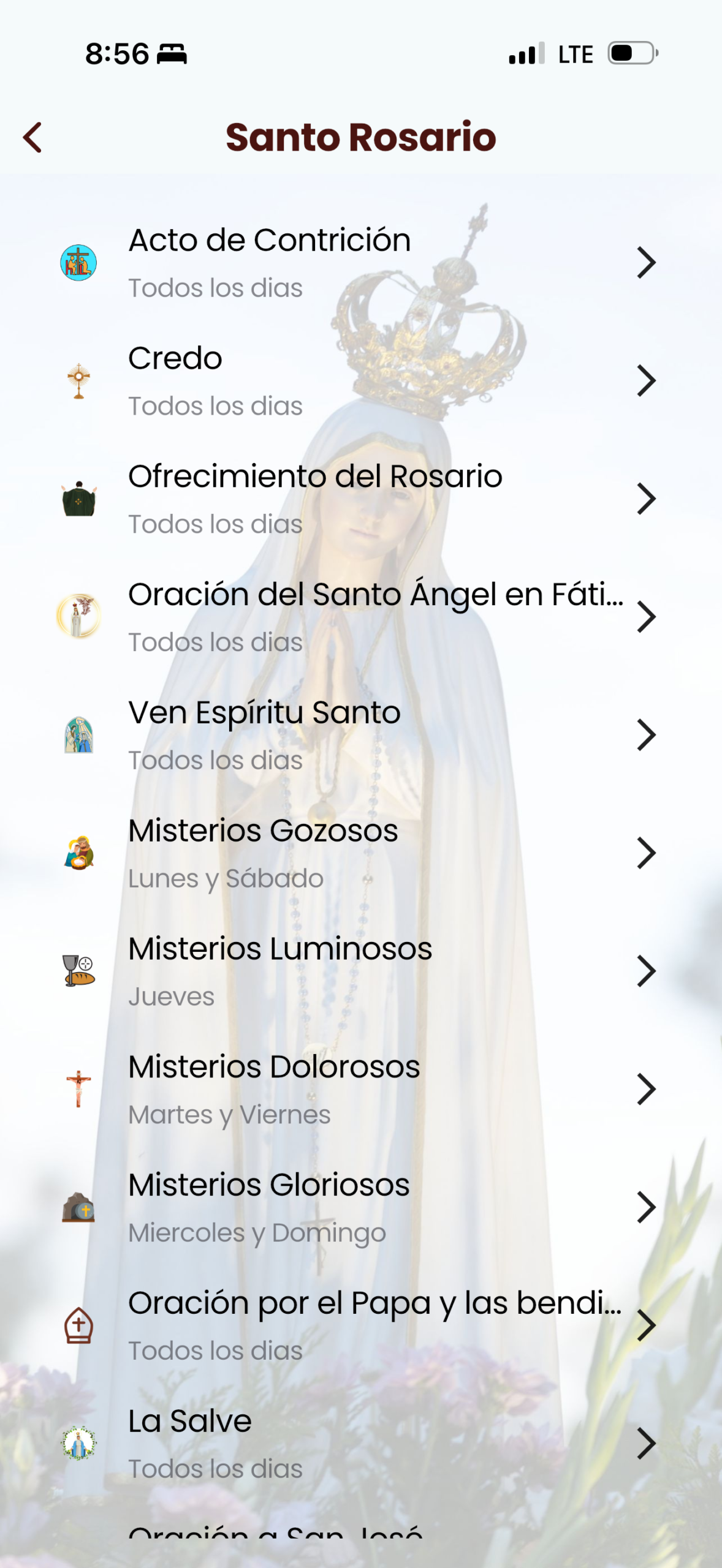 Índice del Santo Rosario con las oraciones y los misterios de cada día