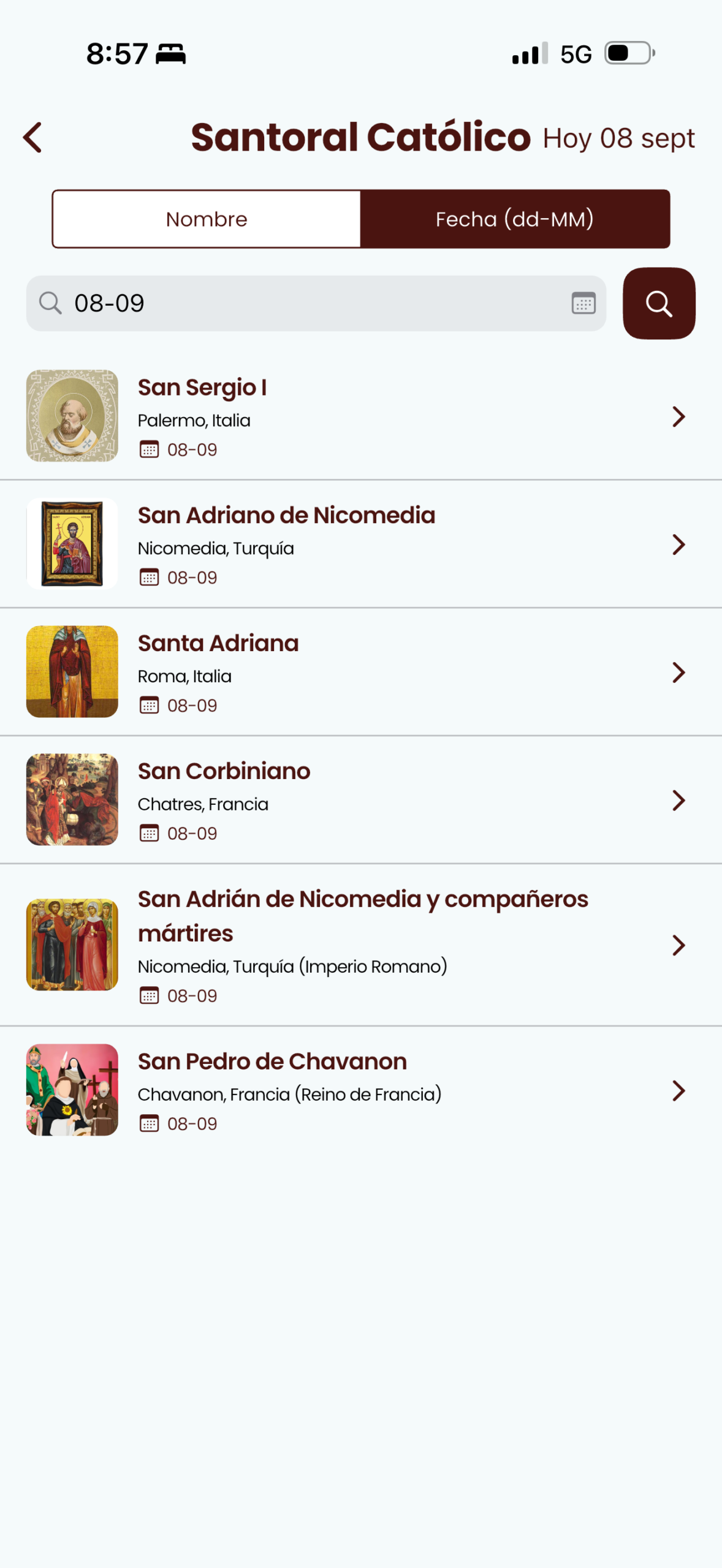 Santoral católico con los santos del día y su lugar de origen